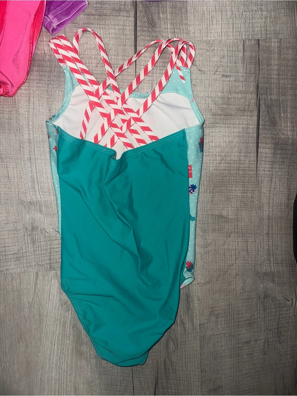 Destira girls Teal Holiday Print One-Piece Swimsuit with Candy Cane Straps - Picture 2 of 2